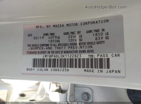 JM1BPADL0K1122823 2019 MAZDA 3 White Widok komory silnika