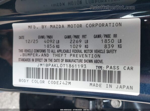JM1BPAKL0T1861193 2026 MAZDA 3 Dark Blue ძრავის განყოფილების ხედი
