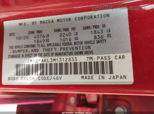 JM1BPAKL3M1312833 2021 MAZDA 3 Red Vista del compartimento del motor