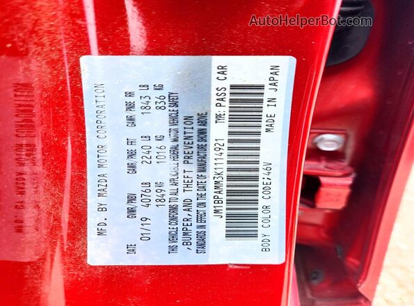 JM1BPAMM3K1114921 2019 MAZDA 3 Red Շարժիչի բաժամունքի տեսք