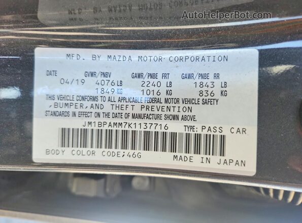 JM1BPAMM7K1137716 2019 MAZDA 3 Gray VIN კოდის სტიკერის ხედი