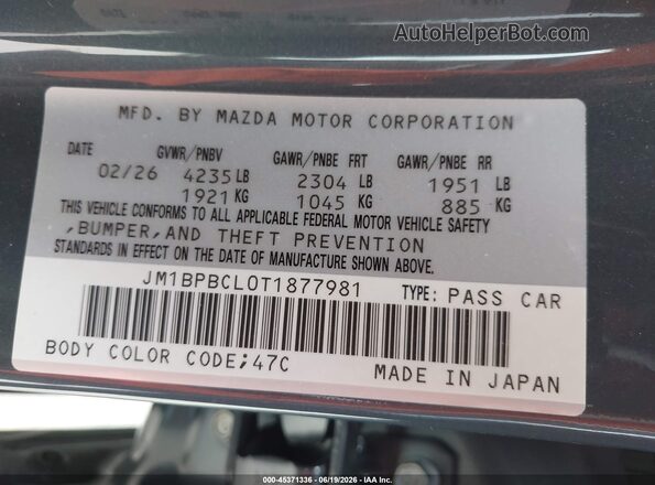 JM1BPBCL0T1877981 2026 MAZDA 3 Gray Շարժիչի բաժամունքի տեսք
