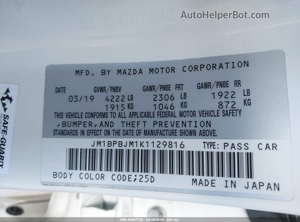 JM1BPBJM1K1129816 2019 MAZDA 3 White Widok komory silnika