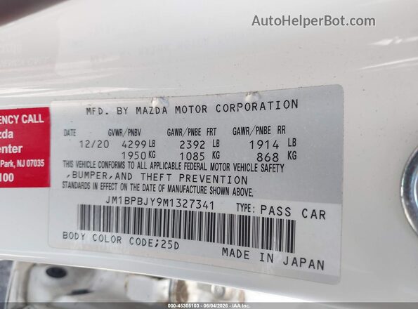 JM1BPBJY9M1327341 2021 MAZDA 3 White Вид підкапотного простору
