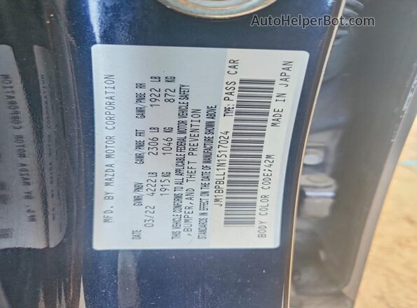JM1BPBLL1N1517024 2022 MAZDA 3 Blue VIN კოდის სტიკერის ხედი