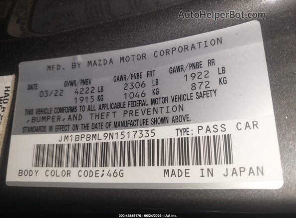 JM1BPBML9N1517335 2022 MAZDA 3 Gray Widok komory silnika