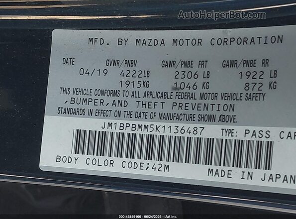 JM1BPBMM5K1136487 2019 MAZDA 3 Blue Engine compartment view