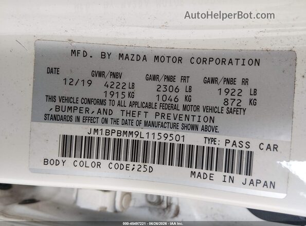 JM1BPBMM9L1159501 2020 MAZDA 3 White Engine compartment view