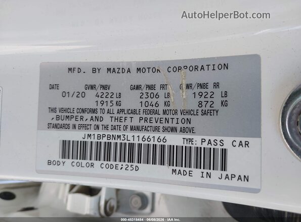JM1BPBNM3L1166166 2020 MAZDA 3 White Vista del compartimento del motor