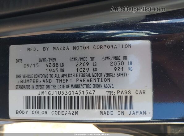 JM1GJ1U53G1451547 2016 MAZDA 6 Blue ძრავის განყოფილების ხედი