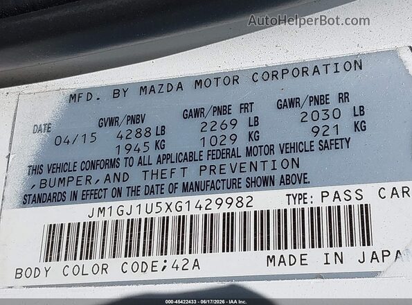 JM1GJ1U5XG1429982 2016 MAZDA 6 White Շարժիչի բաժամունքի տեսք