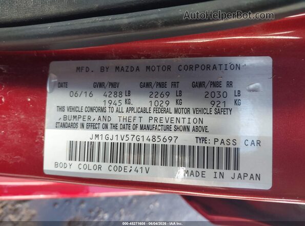 JM1GJ1V57G1485697 2016 MAZDA 6 Red Вид підкапотного простору