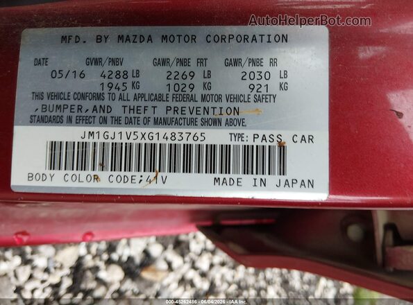 JM1GJ1V5XG1483765 2016 MAZDA 6 Red Widok komory silnika