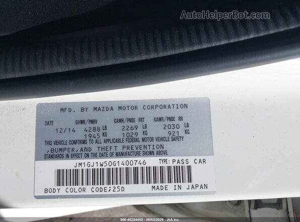 JM1GJ1W50G1400746 2016 MAZDA 6 White 