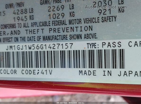 JM1GJ1W56G1427157 2016 MAZDA 6 Red Engine compartment view