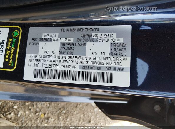 JM1GL1TY0L1517374 2020 MAZDA 6 Dark Blue ძრავის განყოფილების ხედი