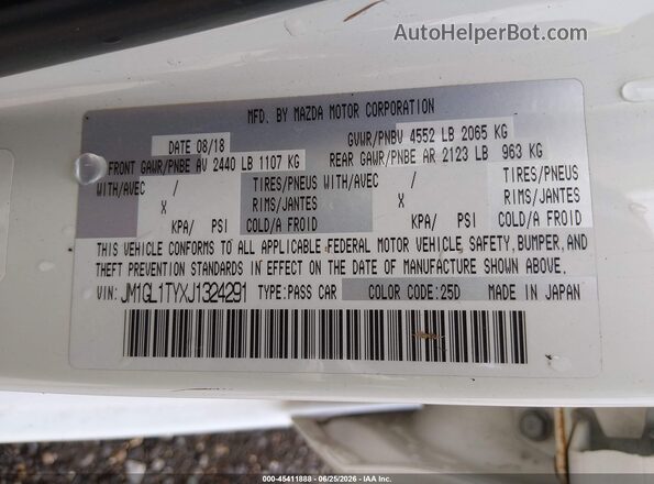 JM1GL1TYXJ1324291 2018 MAZDA 6 White ძრავის განყოფილების ხედი