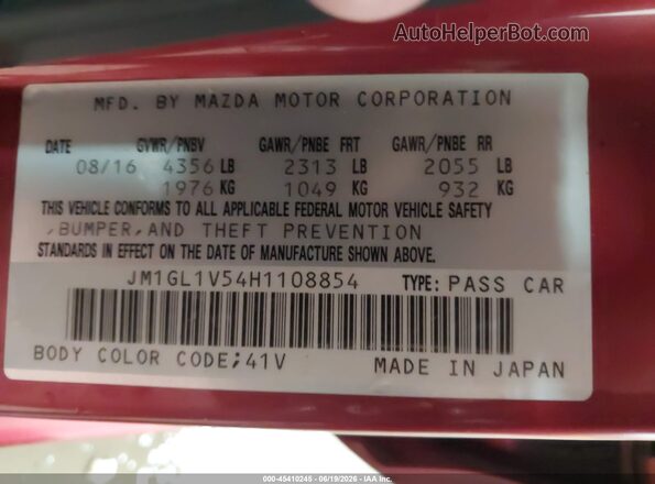 JM1GL1V54H1108854 2017 MAZDA 6 Red Vista del compartimento del motor