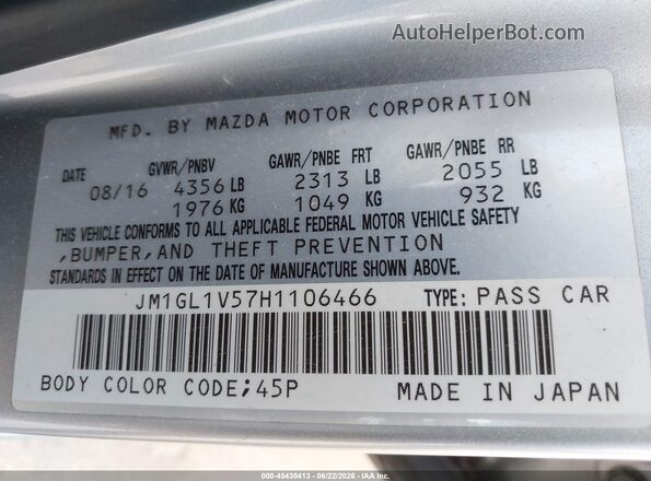 JM1GL1V57H1106466 2017 MAZDA 6 Silver Вид підкапотного простору
