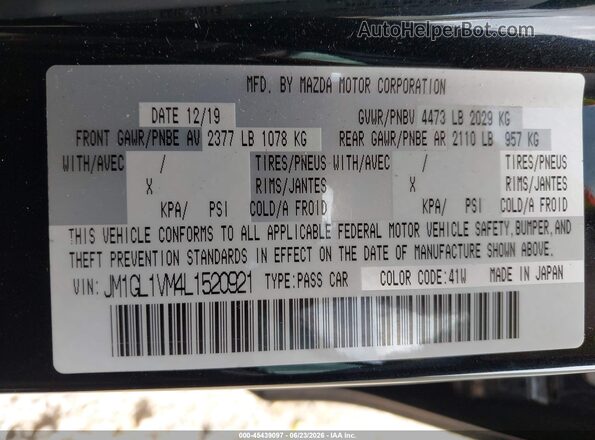 JM1GL1VM4L1520921 2020 MAZDA 6 Black ძრავის განყოფილების ხედი