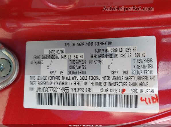 JM1NDAC77G0114855 2016 MAZDA MX-5 MIATA Red 