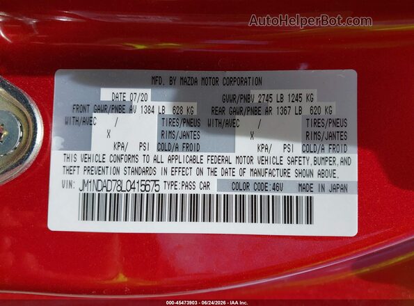 JM1NDAD78L0415675 2020 MAZDA MX-5 MIATA Red VIN կոդի պիտակի տեսք