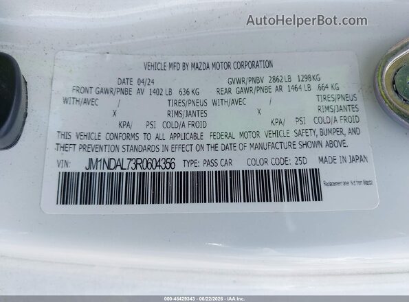 JM1NDAL73R0604356 2024 MAZDA MX-5 MIATA RF White Вид підкапотного простору