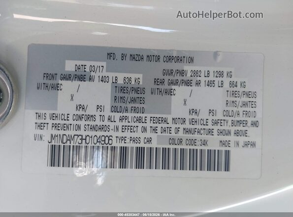 JM1NDAM73H0104906 2017 MAZDA MX-5 MIATA RF White Vista del compartimento del motor