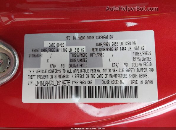 JM1NDAM74L0418976 2020 MAZDA MX-5 MIATA RF Red ძრავის განყოფილების ხედი