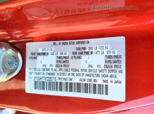 JM1NDAM77K0305716 2019 MAZDA MX-5 Red VIN կոդի պիտակի տեսք