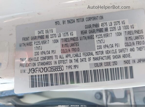 JM3KFACM0K0698650 2019 MAZDA CX-5 White Vista del compartimento del motor