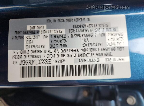 JM3KFACM1L0722326 2020 MAZDA CX-5 Blue VIN კოდის სტიკერის ხედი
