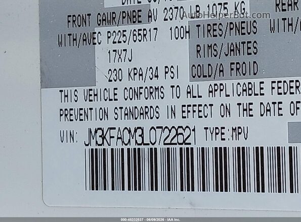 JM3KFACM3L0722621 2020 MAZDA CX-5 White VIN კოდის სტიკერის ხედი