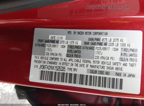 JM3KFACMXK1525325 2019 MAZDA CX-5 Red Вид підкапотного простору