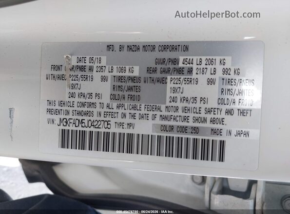 JM3KFADM5J0422705 2018 MAZDA CX-5 White Widok komory silnika
