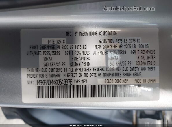 JM3KFADMXK0543876 2019 MAZDA CX-5 Silver Engine compartment view