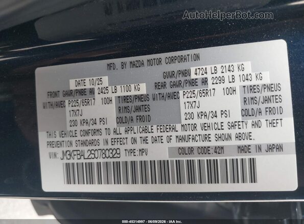 JM3KFBAL2S0780329 2025 MAZDA CX-5 Black Engine compartment view