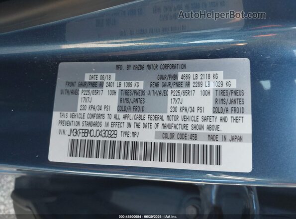 JM3KFBBM0J0430929 2018 MAZDA CX-5 Blue Vista del compartimento del motor