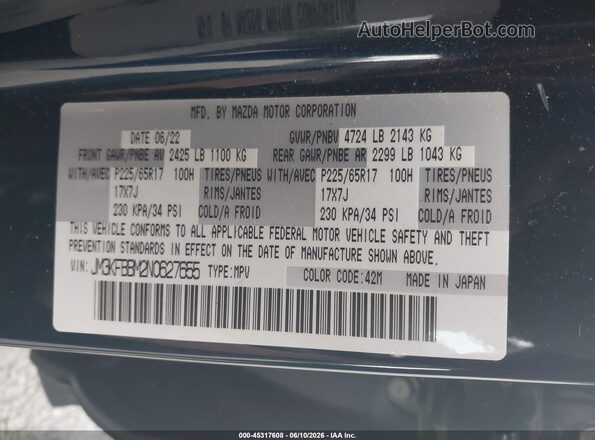JM3KFBBM2N0627655 2022 MAZDA CX-5 Blue Vista del compartimento del motor