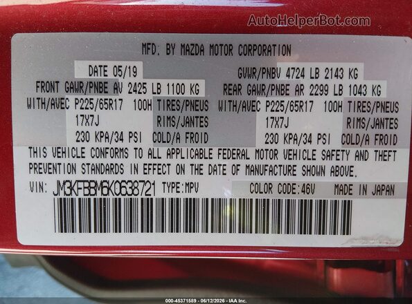 JM3KFBBM6K0638721 2019 MAZDA CX-5 Burgundy Widok komory silnika