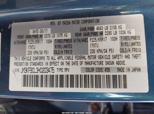JM3KFBCL3H0203475 2017 MAZDA CX-5 Blue Widok komory silnika