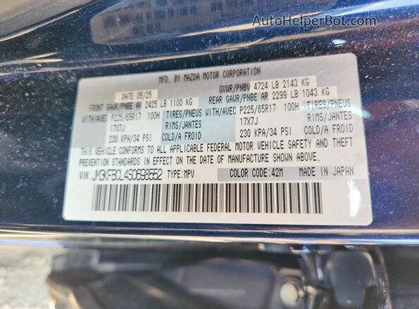 JM3KFBCL4S0698552 2025 MAZDA CX-5 Blue VIN კოდის სტიკერის ხედი