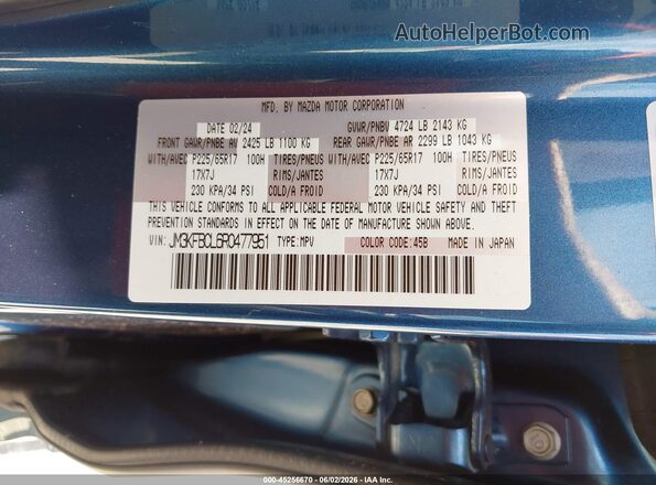 JM3KFBCL6R0477951 2024 MAZDA CX-5 Blue ძრავის განყოფილების ხედი