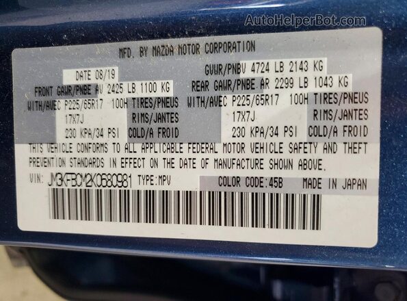 JM3KFBCM2K0680981 2019 MAZDA CX-5 Blue Vista de la etiqueta del VIN
