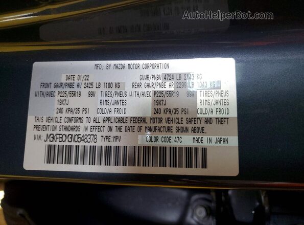 JM3KFBCM3N0548378 2022 MAZDA CX-5 Gray Vista de la etiqueta del VIN