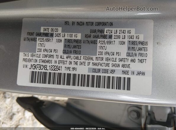 JM3KFBCM8L1832841 2020 MAZDA CX-5 Gray Engine compartment view