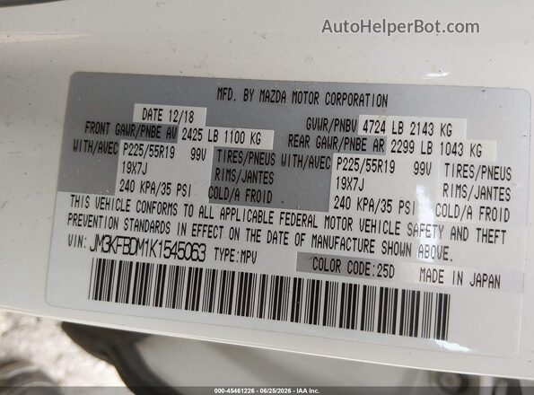 JM3KFBDM1K1545063 2019 MAZDA CX-5 White Շարժիչի բաժամունքի տեսք