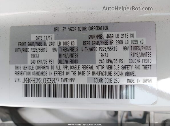 JM3KFBDM2J0305377 2018 MAZDA CX-5 White Vista del compartimento del motor