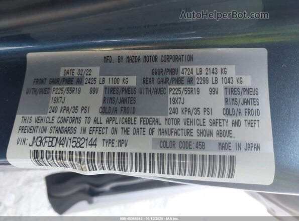 JM3KFBDM4N1582144 2022 MAZDA CX-5 Blue Շարժիչի բաժամունքի տեսք