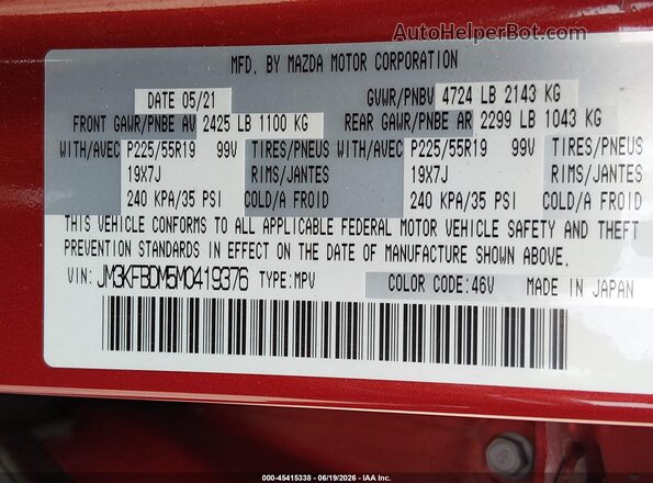 JM3KFBDM5M0419376 2021 MAZDA CX-5 Burgundy Vista del compartimento del motor